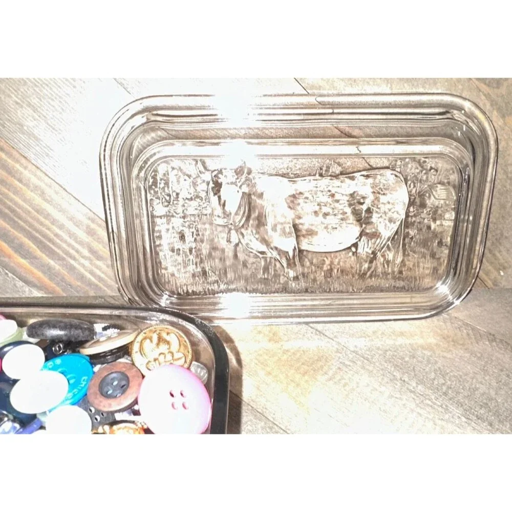 Arcoroc France  Vtg Cow Butter Dish Clear Glass Storage Filled W/ Vtg Buttons